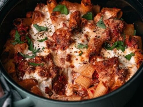 spicy ovenschotel met burrata, pancetta & gehakt