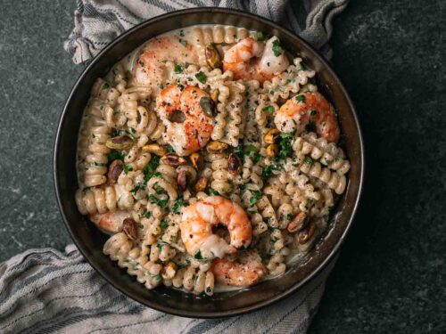 Fussili met pistache, mascarpone & scampi