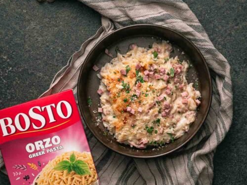 Orzo mac and cheese met hamblokjes en Bosto orzo
