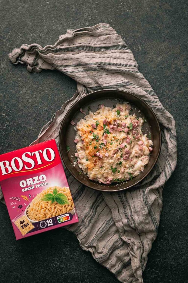Orzo mac and cheese met hamblokjes en Bosto orzo
