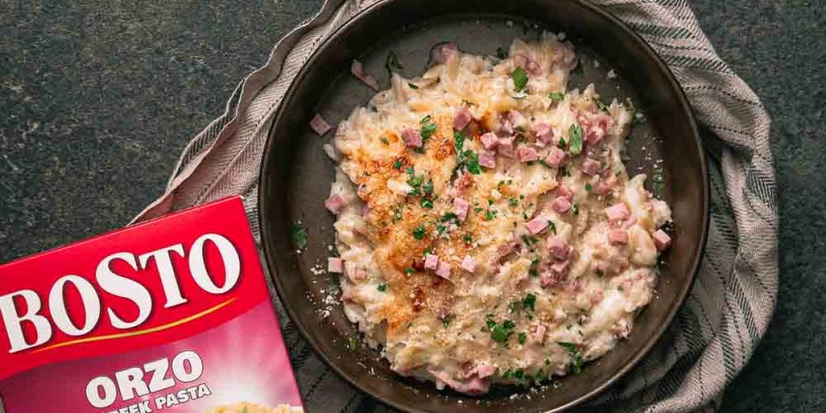 Orzo mac and cheese met hamblokjes en Bosto orzo