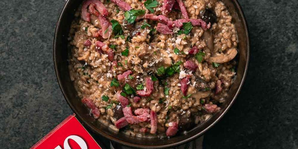 Haverrisotto met spekjes & boschampignons