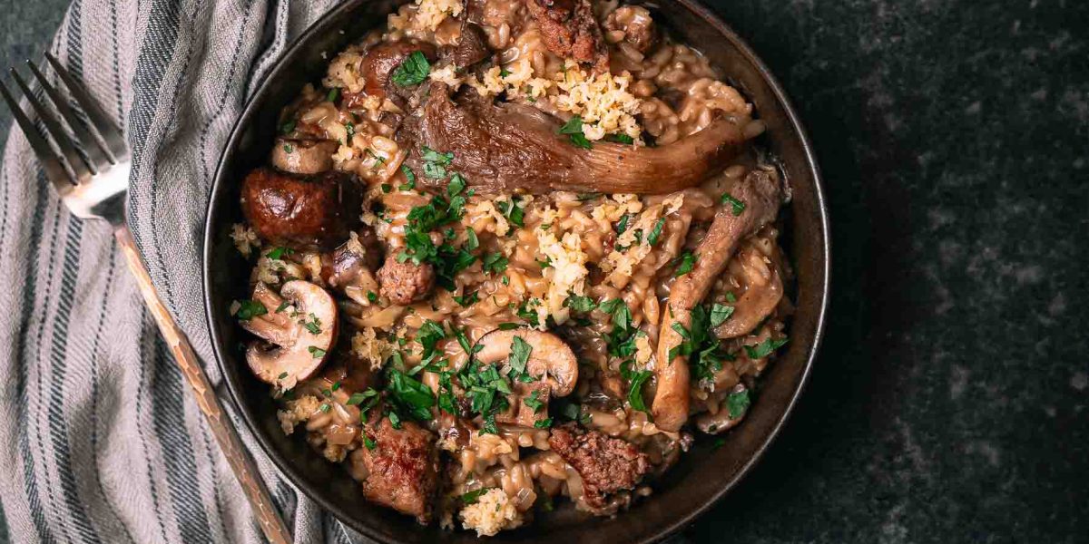 Risotto met Flandrien kaas en afgewerkt met bospaddenstoelen en peterselie